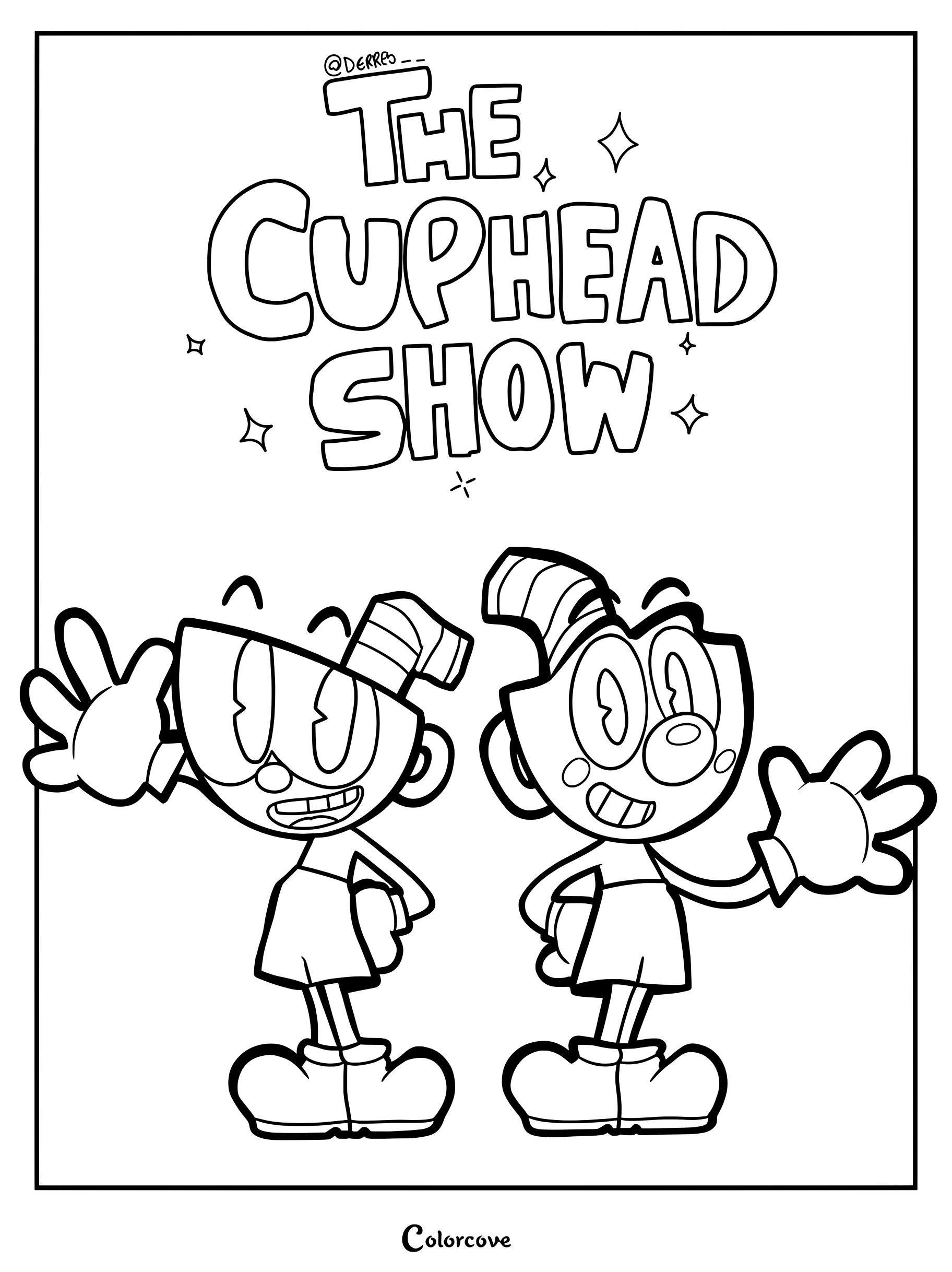 Página para colorear de Cuphead y Mugman inspirada en ¡El show de Cuphead! con el logo del título.