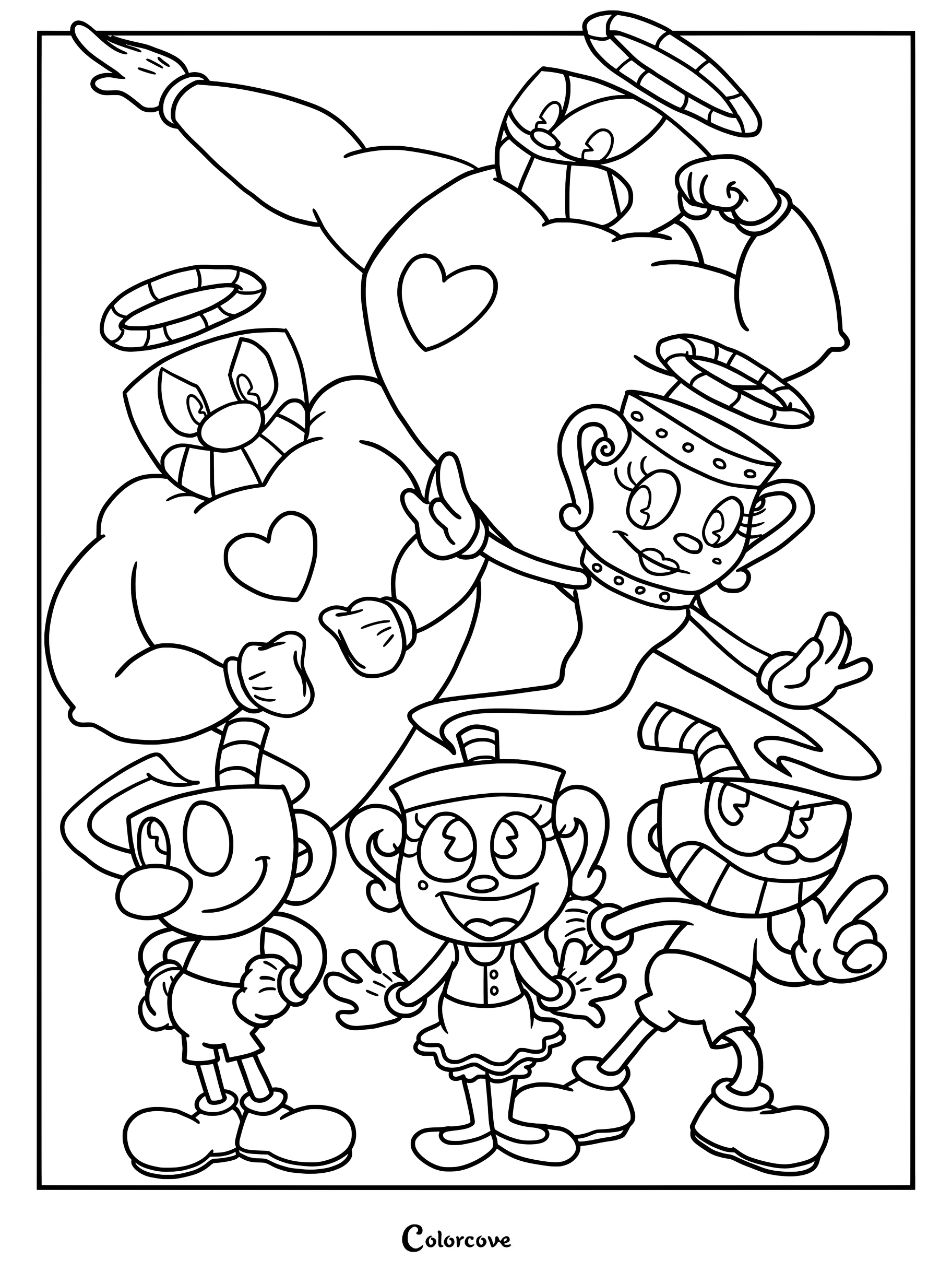 Página para colorear de Cuphead con Cuphead, Mugman y la Señorita Cáliz junto a sus formas fantasmales con aureolas y corazones rosados brillantes.