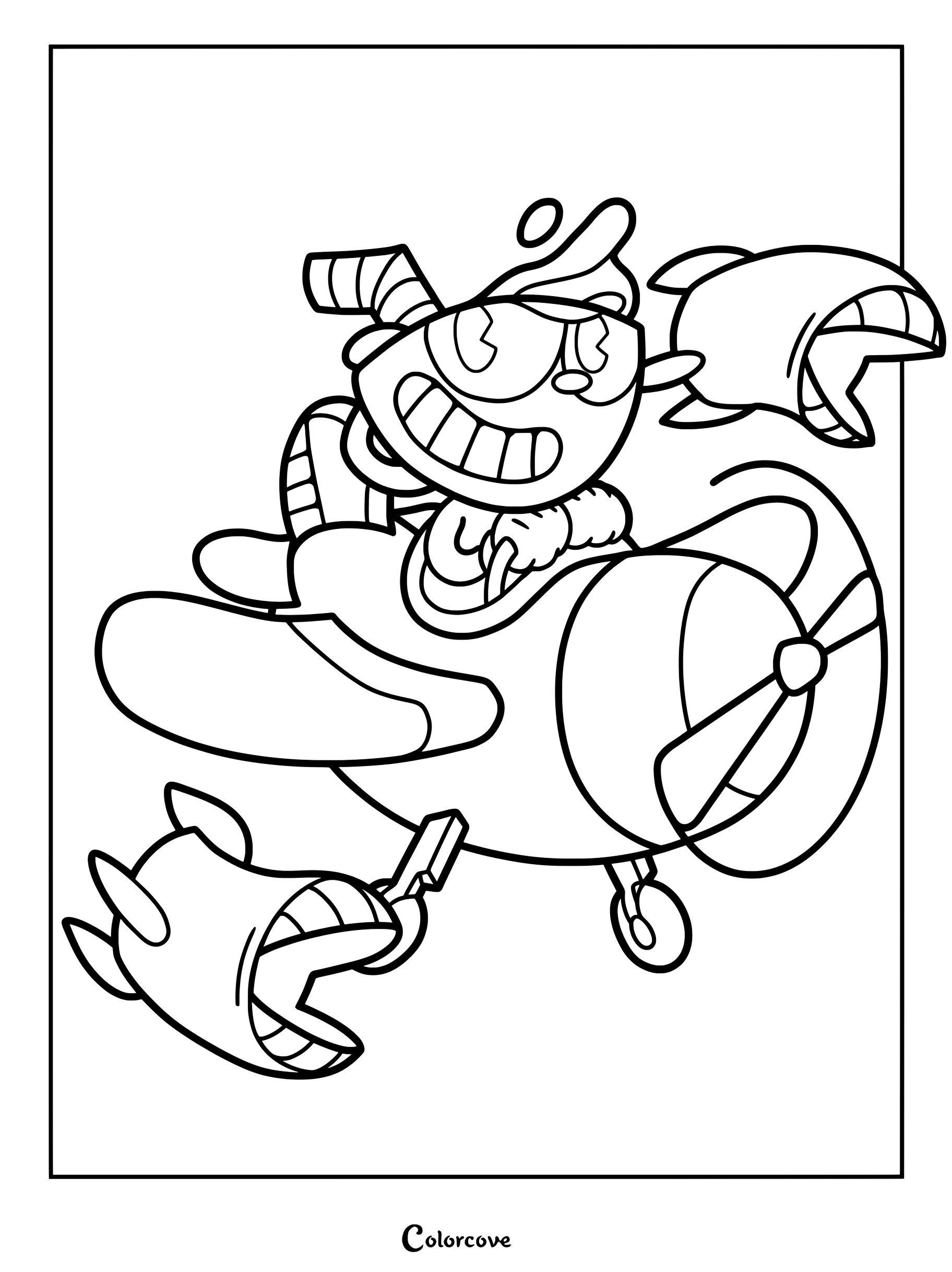 Dibujo para colorear de Cuphead que muestra al personaje pilotando un biplano rojo en un estilo manguera de goma clásico de los años 30.