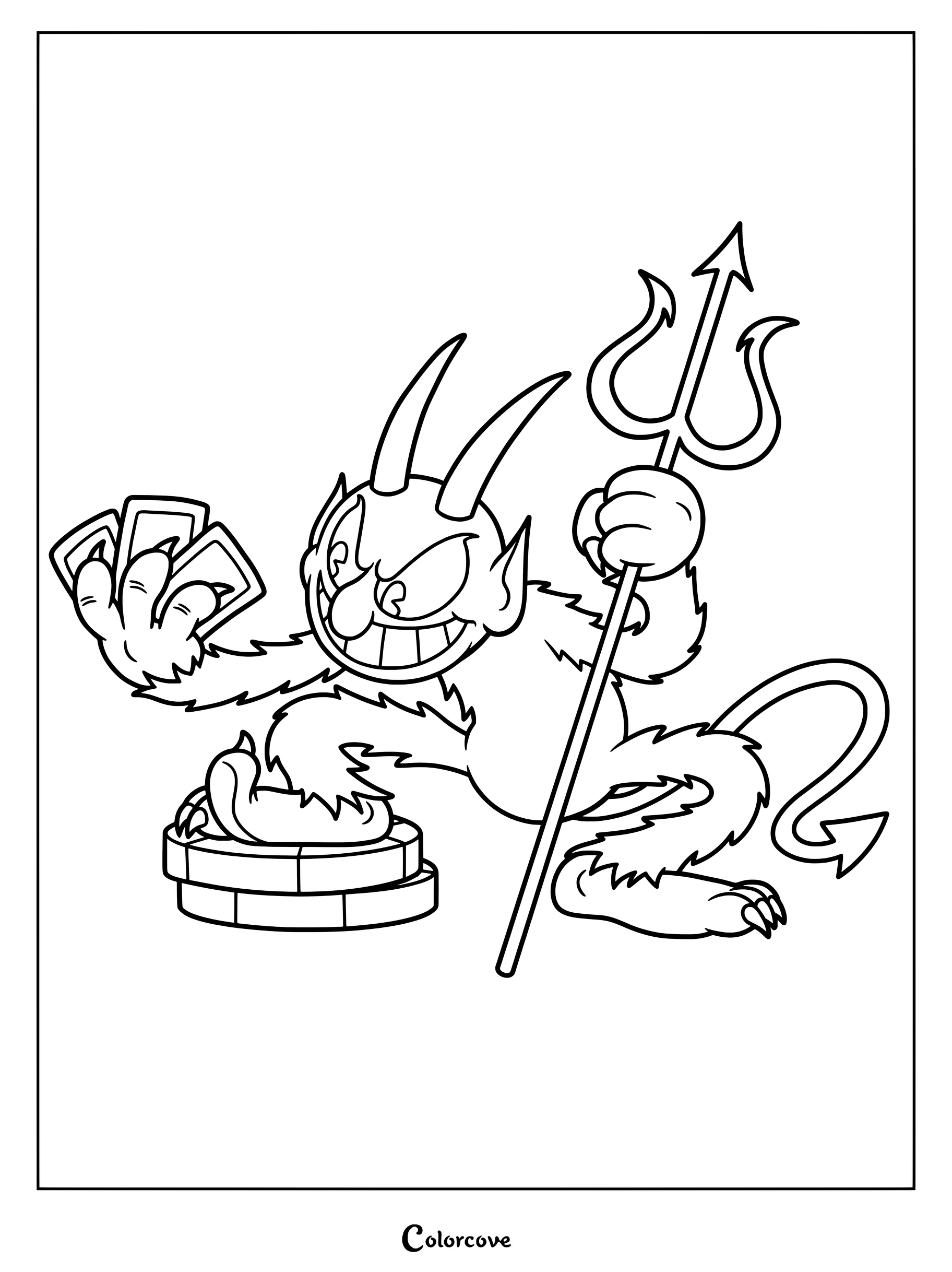 Dibujo para colorear de El Diablo sosteniendo naipes y un tridente del videojuego Cuphead.