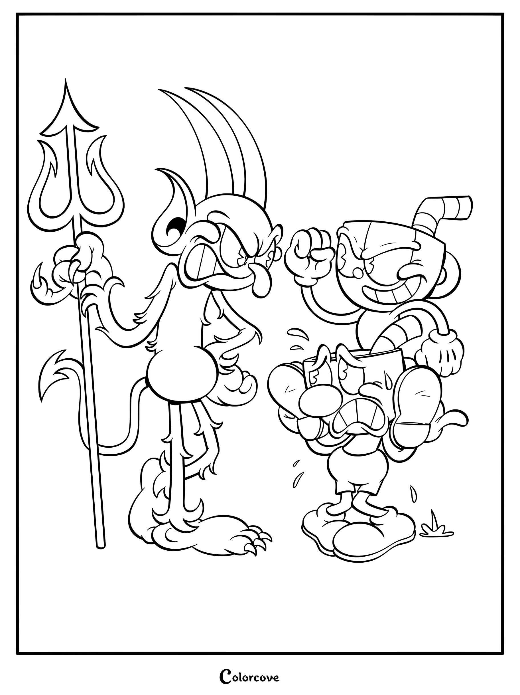 Dibujo para colorear de Cuphead y Mugman enfrentándose a El Diablo.