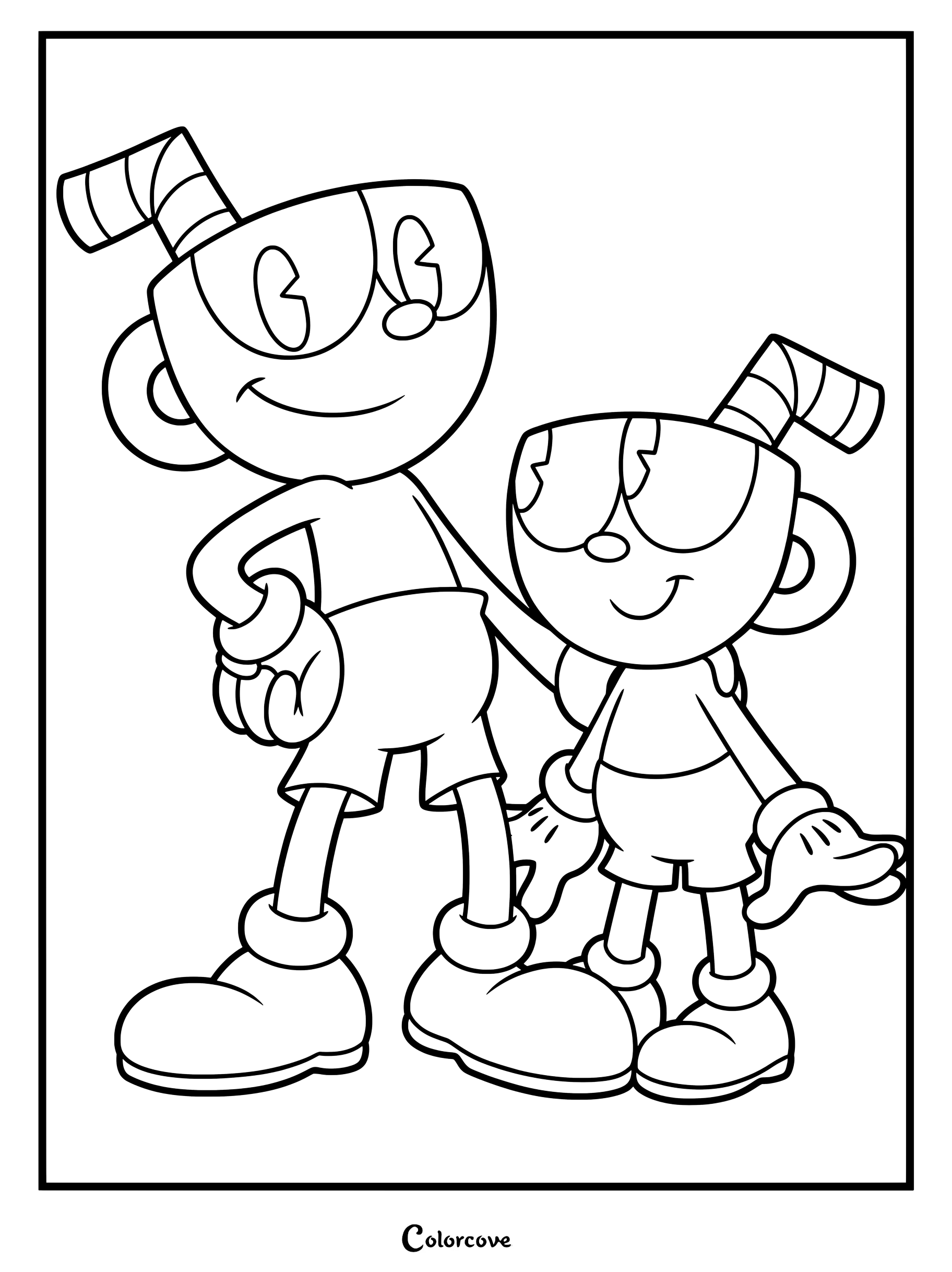 Cuphead y Mugman sonriendo uno al lado del otro en un dibujo imprimible para colorear.