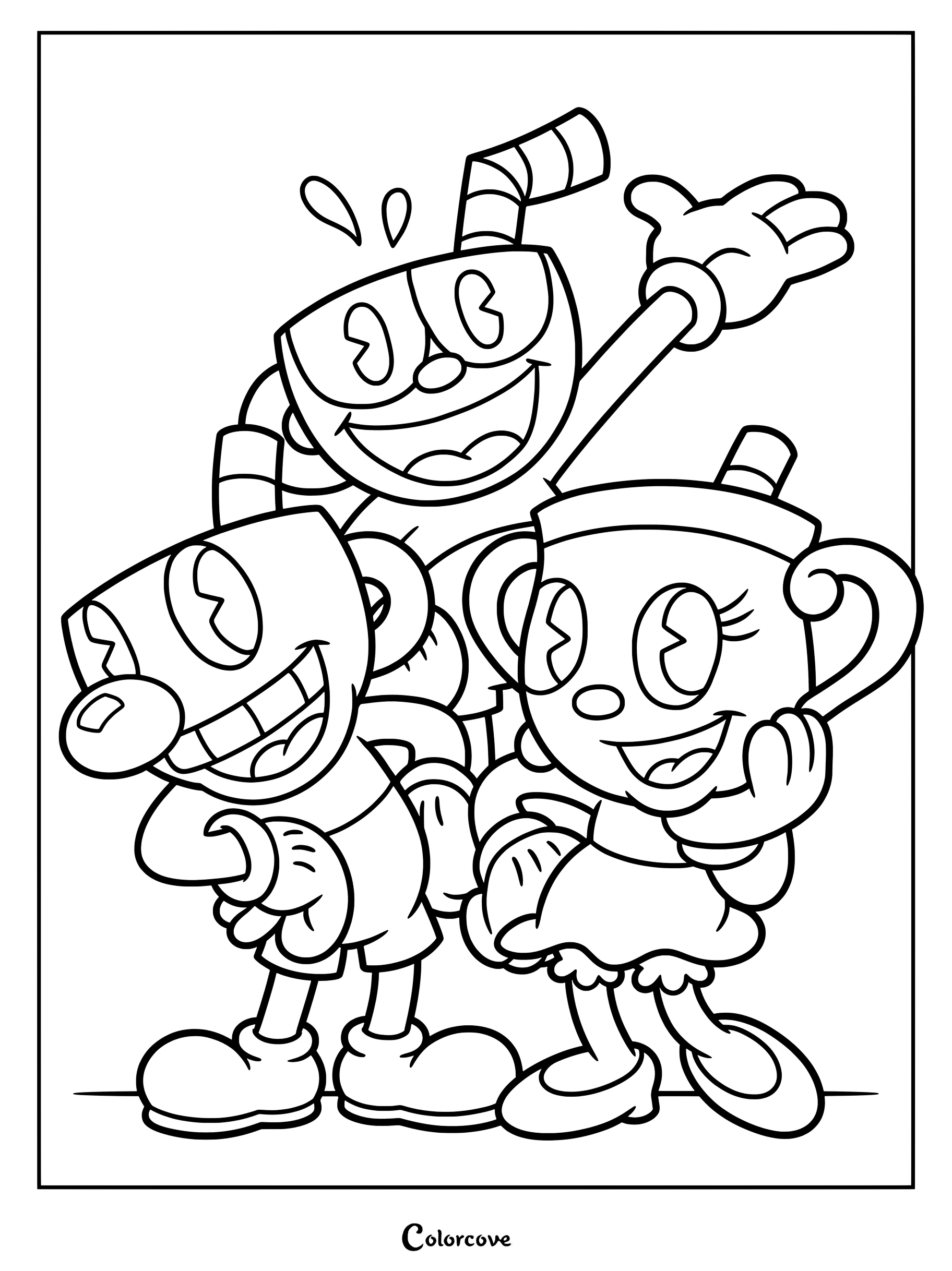 Página para colorear de Cuphead con arte oficial de Cuphead, Mugman y la Señorita Cáliz posando juntos.