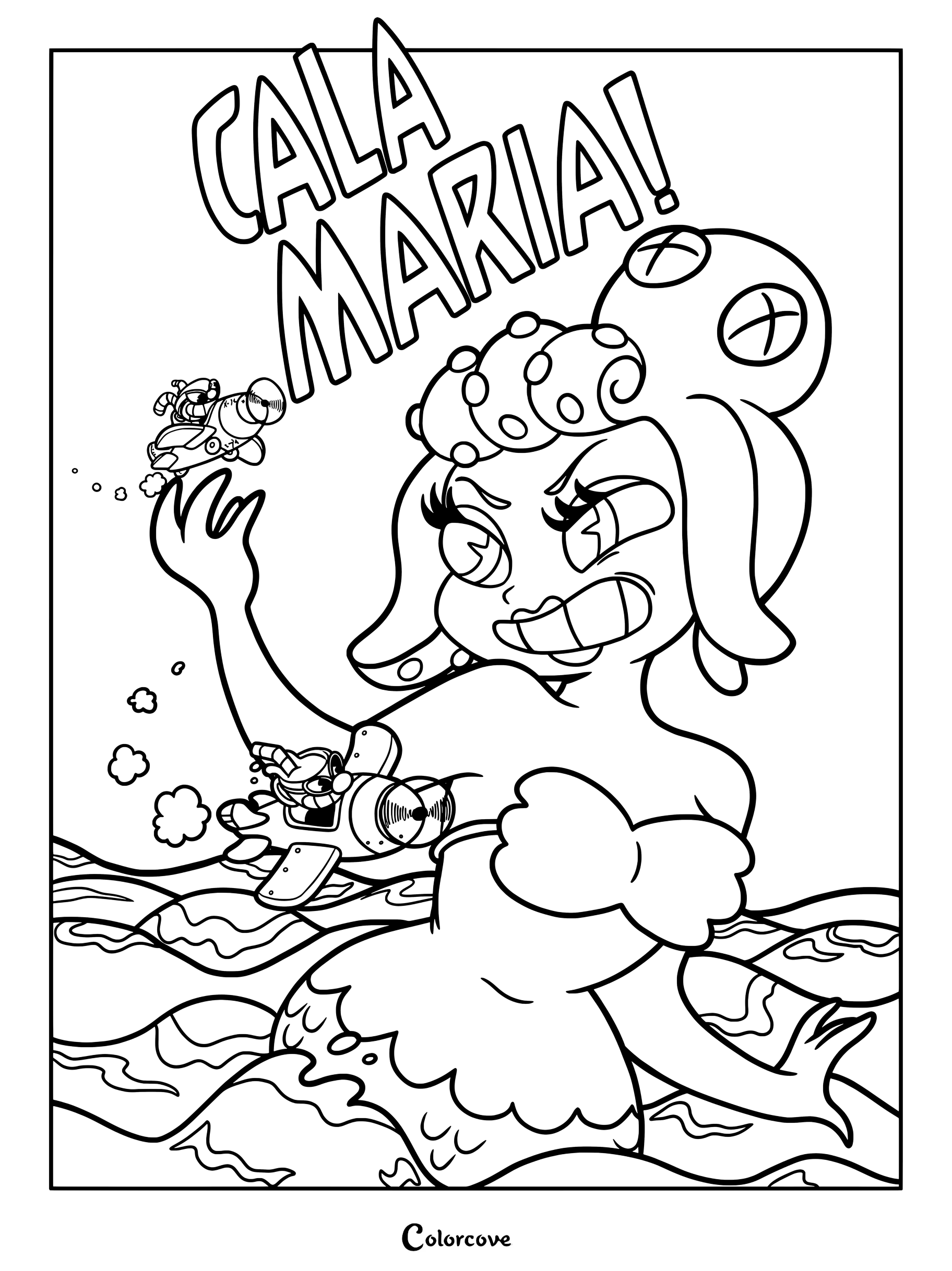 Dibujo para colorear de Cala Maria, la sirena gigante y jefa del videojuego Cuphead.