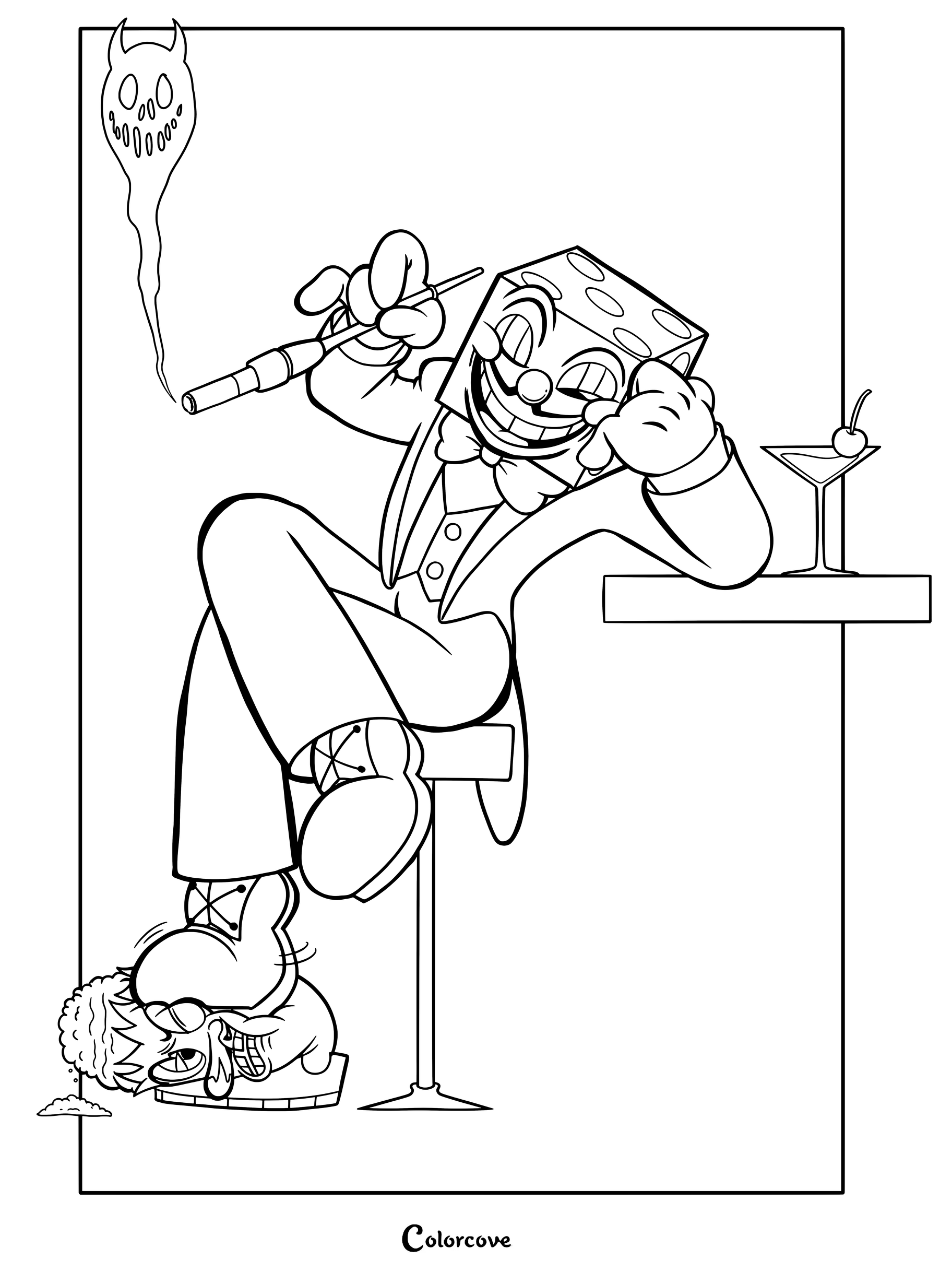 Dibujo imprimible para colorear del Rey Dado de Cuphead con el elocuente gerente del casino.