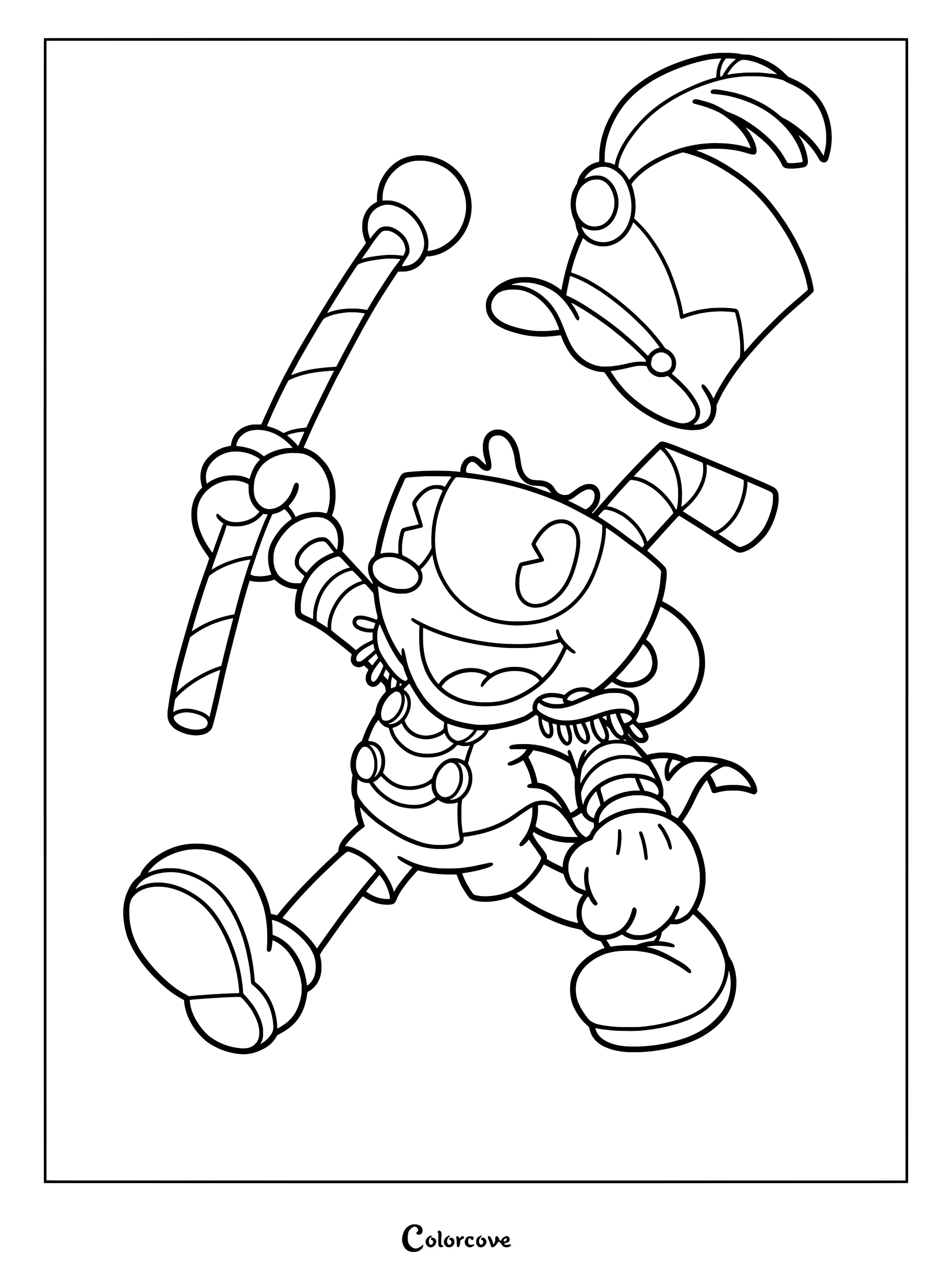 Dibujo para colorear de Cuphead con el personaje vestido con un uniforme de banda de música y sosteniendo una batuta.