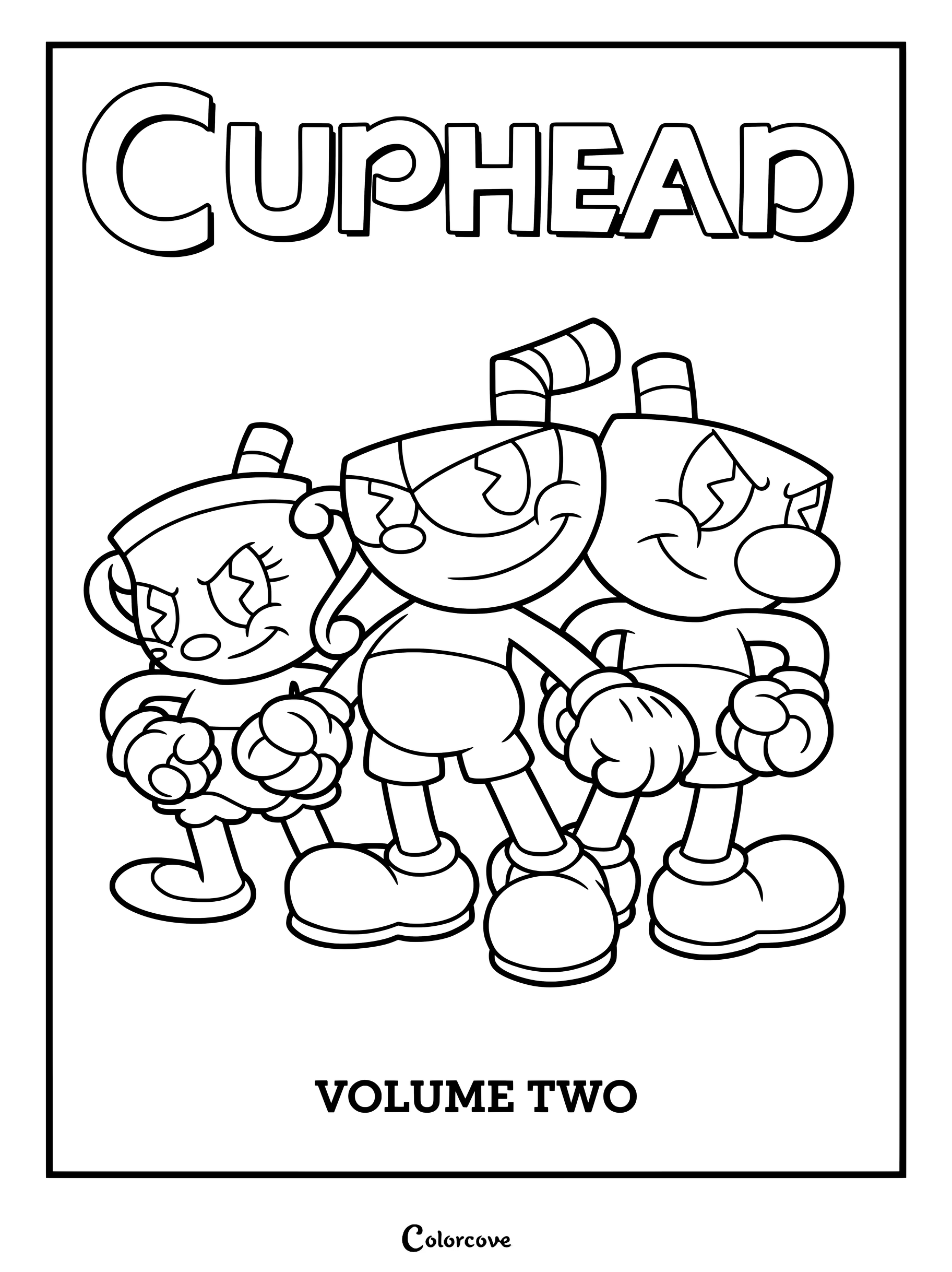 Página para colorear de Cuphead con la portada del volumen 2 de Cartoon Chronicles and Calamities publicado por Dark Horse Books.