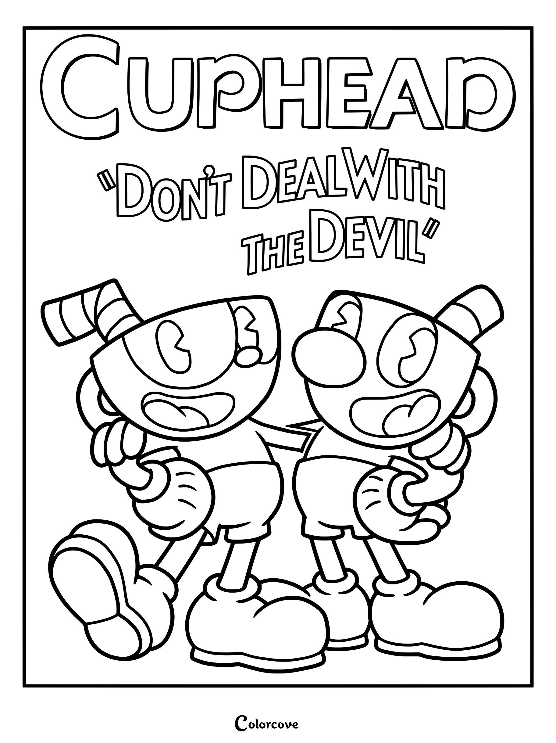 Página para colorear de Cuphead que muestra el póster del título con Cuphead y su hermano Mugman.