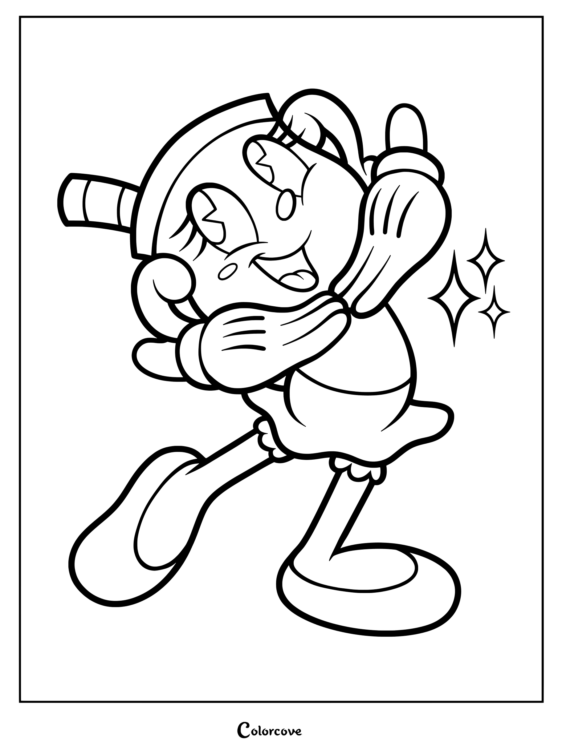 Señorita Cáliz haciendo una pose alegre con efectos brillantes en un dibujo para colorear de Cuphead.