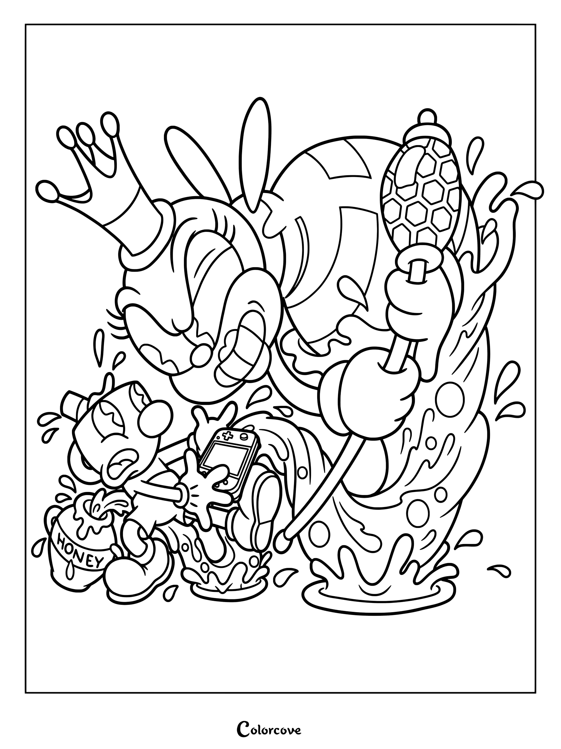 Dibujo para colorear de Cuphead con la jefa Rumor Honeybottoms alzándose sobre un asustado Mugman a quien se le cae el teléfono y un tarro de miel.