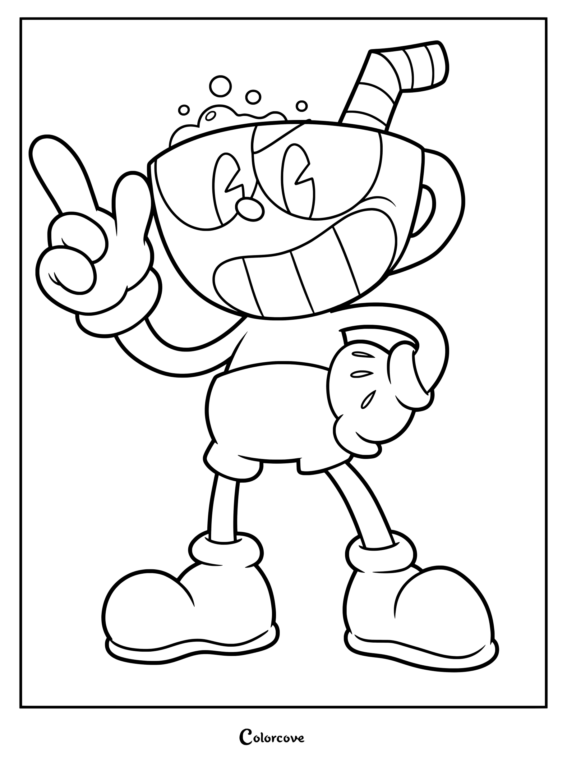 Dibujo para colorear de Cuphead al estilo manguera de goma clásico de los años 30 señalando con la mano.