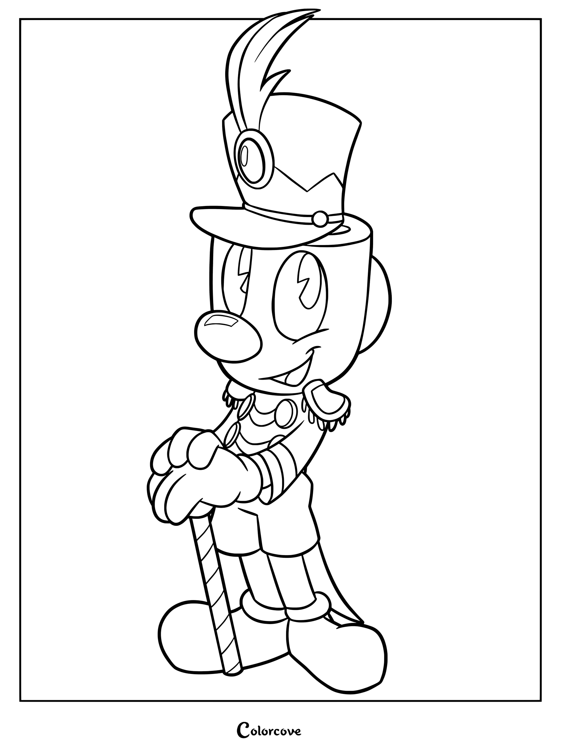 Dibujo para colorear de Mugman de Cuphead vestido con un uniforme azul de banda de música o soldado de juguete.