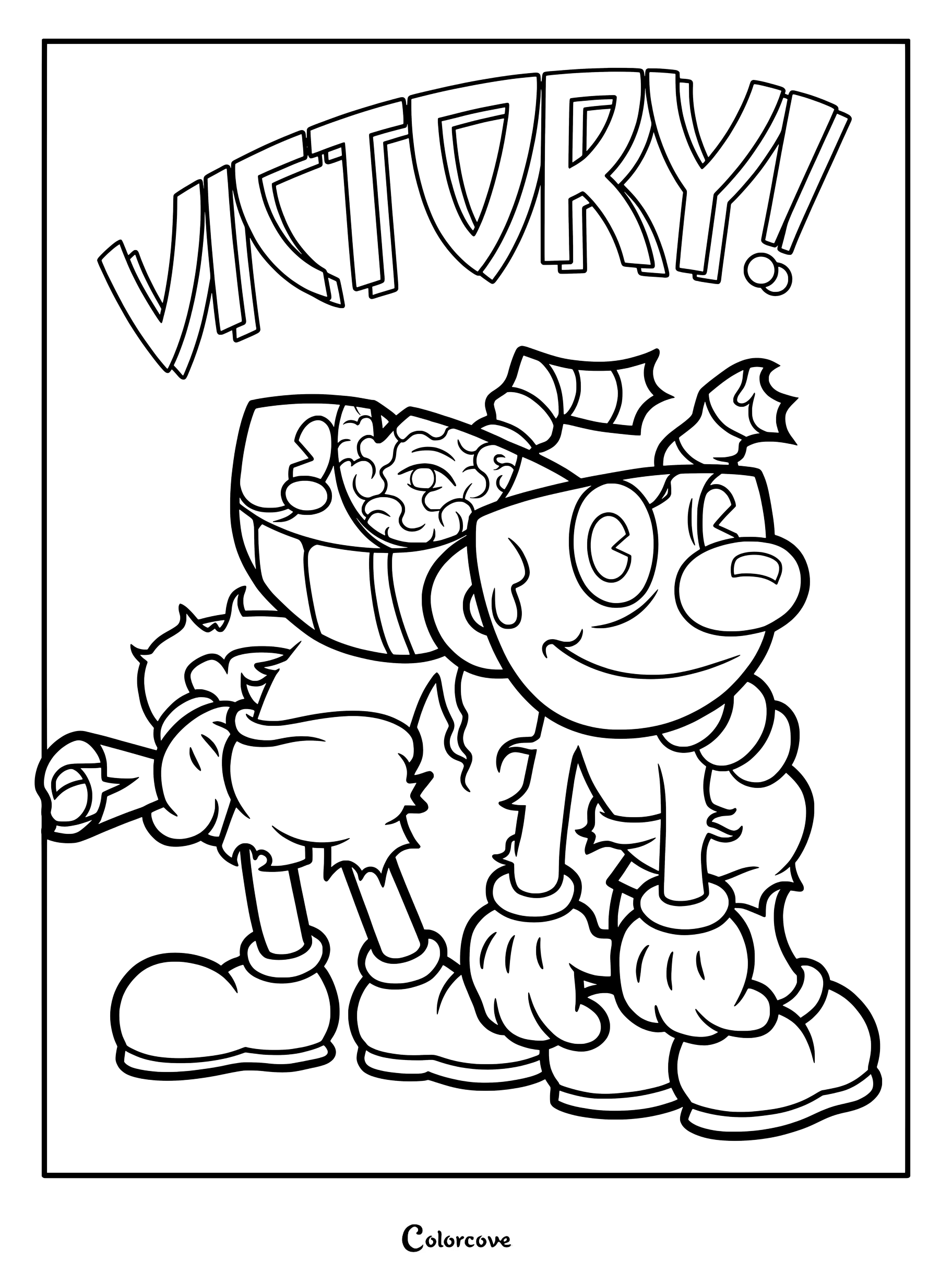 Dibujo para colorear de Cuphead y Mugman con un póster artístico y un cartel de VICTORIA.