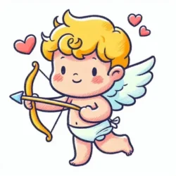 Cute cherub with bow and arrows, surrounded by hearts. Perfect for Valentine's Day coloring page for kids.