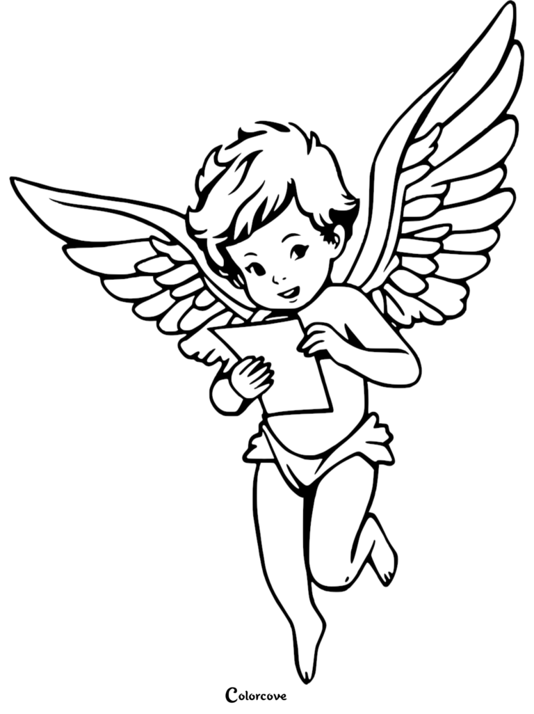 Cupid holding a love letter in this free printable coloring page