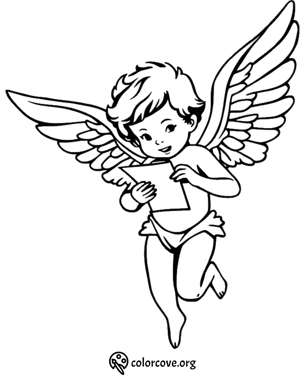 Flying angel coloring page with wings and a paper, perfect for kids' creative activities and coloring fun.