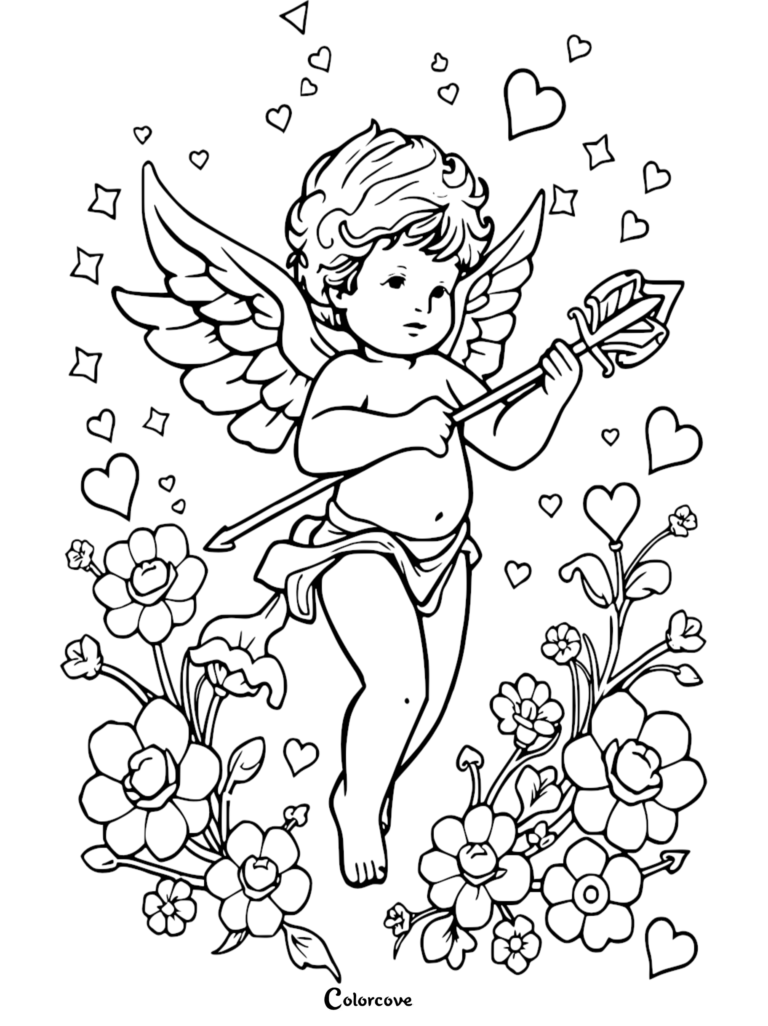 Cupid holding an arrow surrounded by flowers and hearts in this free printable coloring page.