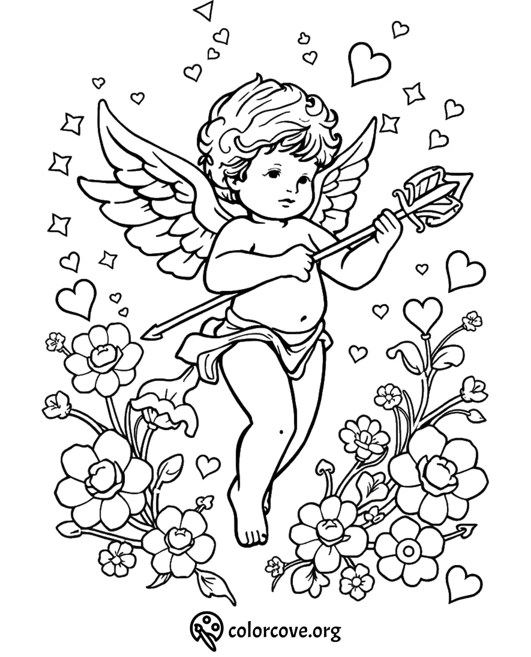 Cherub coloring page with flowers and hearts, perfect for Valentine's Day creativity and relaxation.