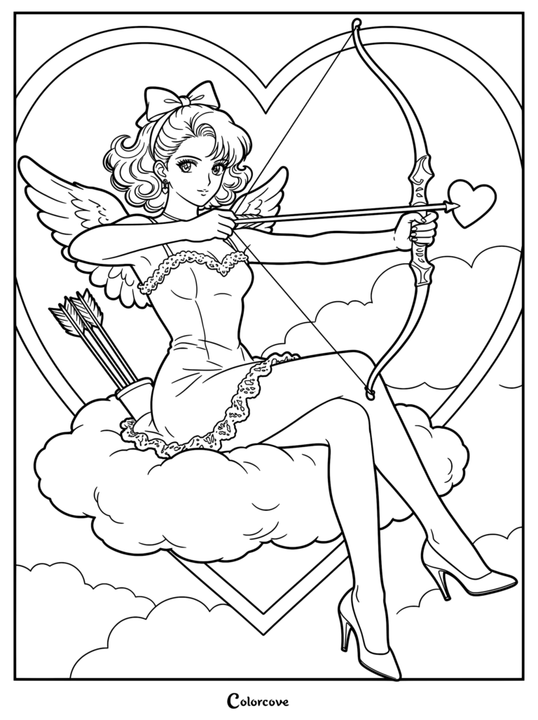 Anime style Cupid girl with wings and bow aiming a heart-tipped arrow, sitting on a cloud in front of a large heart, printable coloring page.