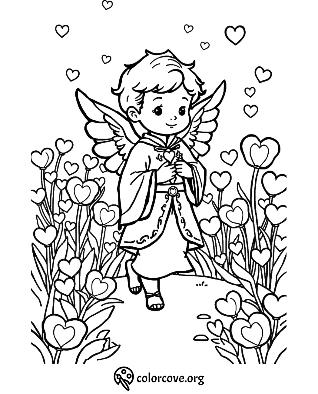 Cute cherub in a heart garden coloring page, perfect for kids' creative fun and Valentine's Day activities.