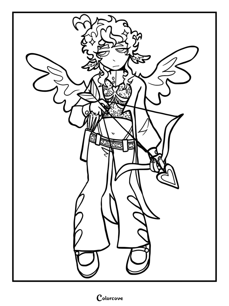 A modern Cupid character with curly hair, feathered wings, and a heart-tipped bow in this printable coloring page.