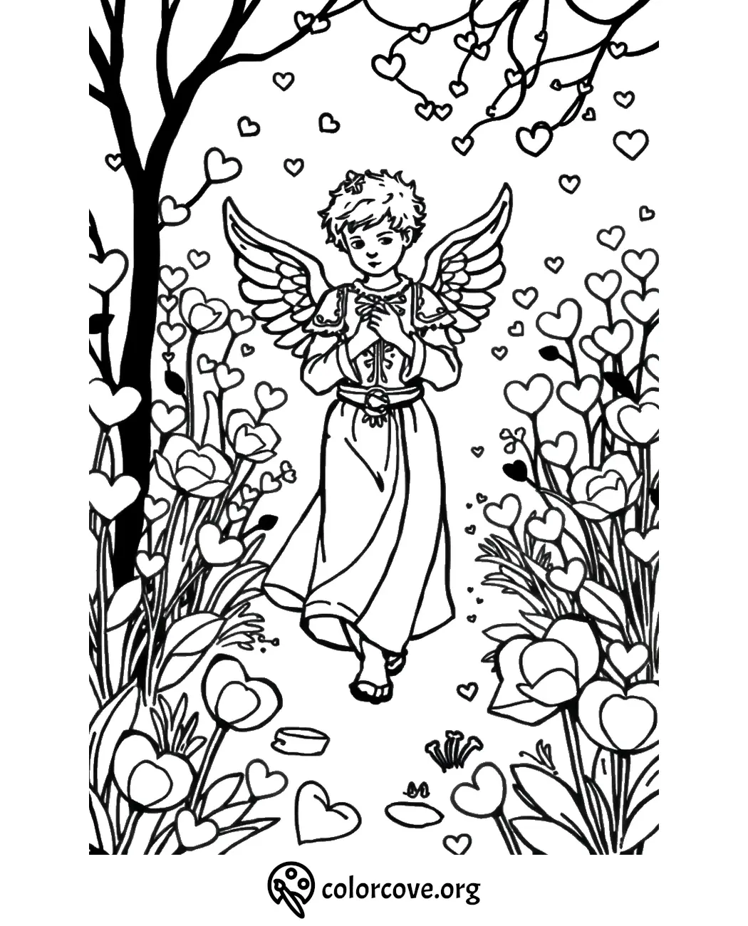 Angel in a floral heart garden coloring page, featuring wings and flowing dress. Perfect for creative relaxation.