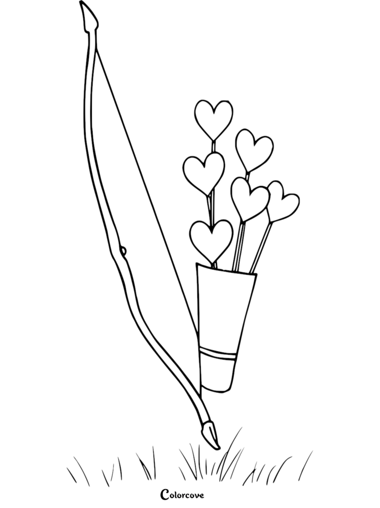 Cupid coloring page featuring a bow and a quiver filled with heart-tipped arrows standing in the grass.