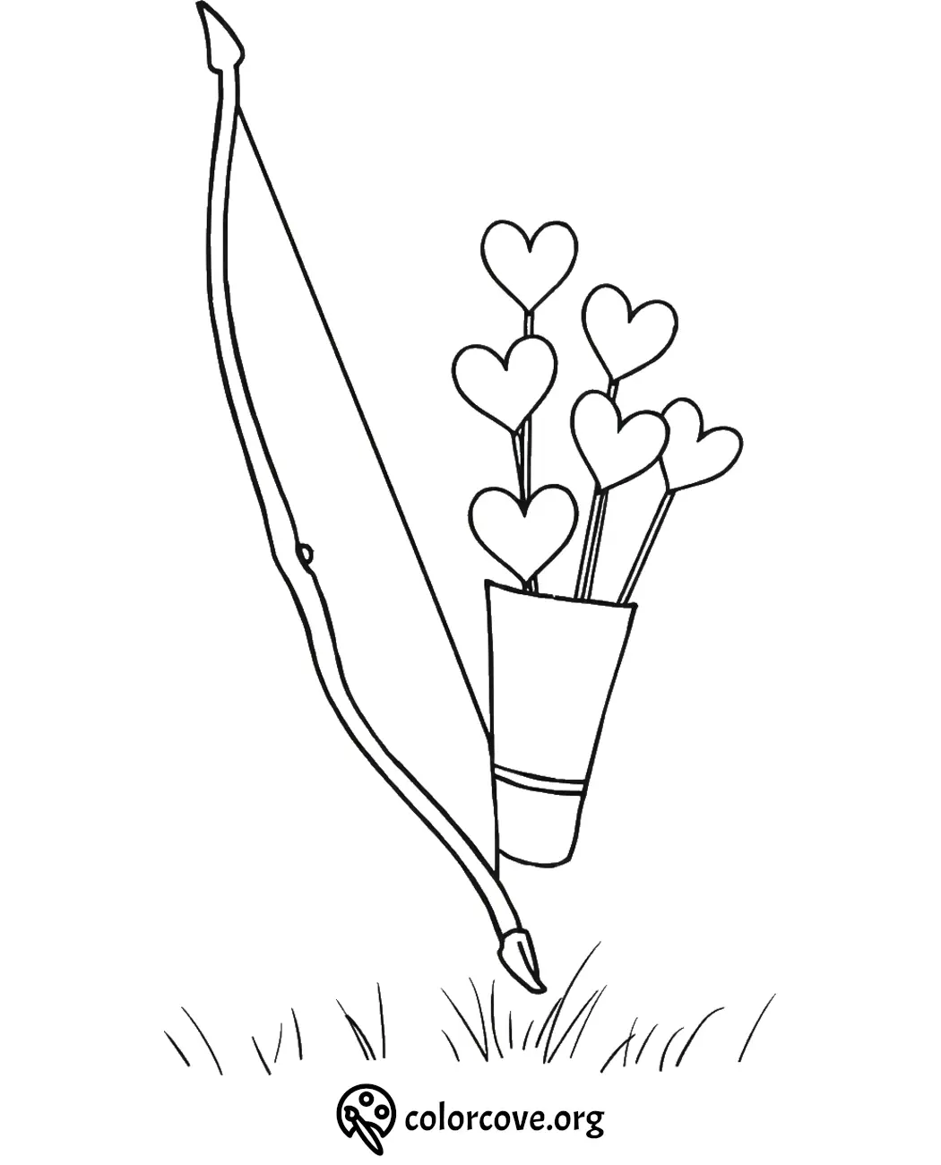 Bow and heart-shaped arrows coloring page for kids. Fun Valentine's Day activity to print and color.