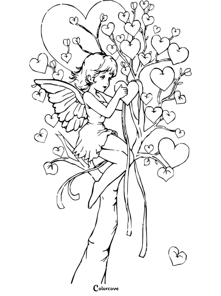 Cupid sitting in a tree filled with heart-shaped leaves on this free printable coloring page.