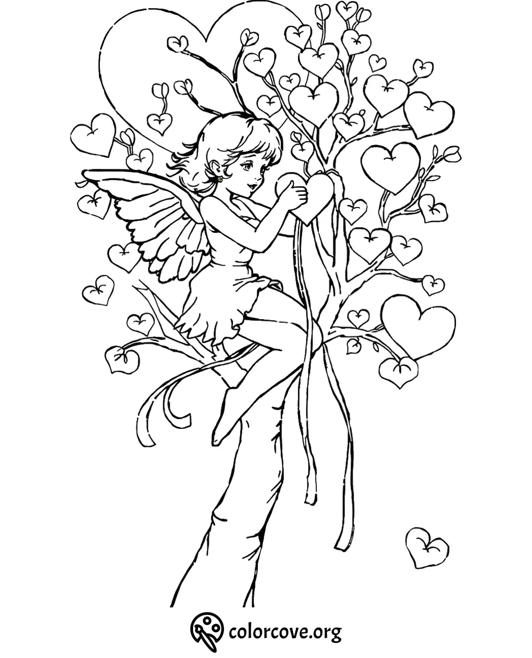 Fairy sitting on heart-shaped tree branches, coloring page for kids, whimsical fantasy design - colorcove.org