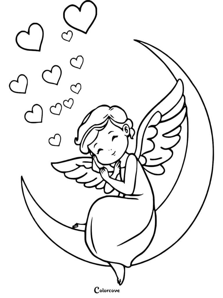 Cupid coloring page featuring a winged angel sitting on a crescent moon surrounded by floating hearts.