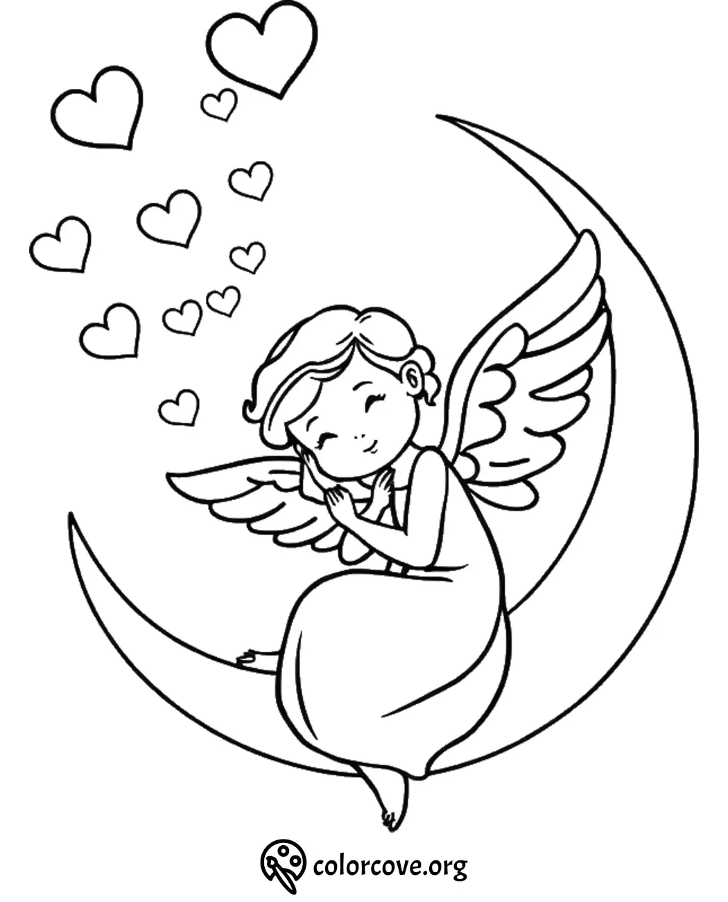 Angel sitting on crescent moon with hearts, coloring page for kids.