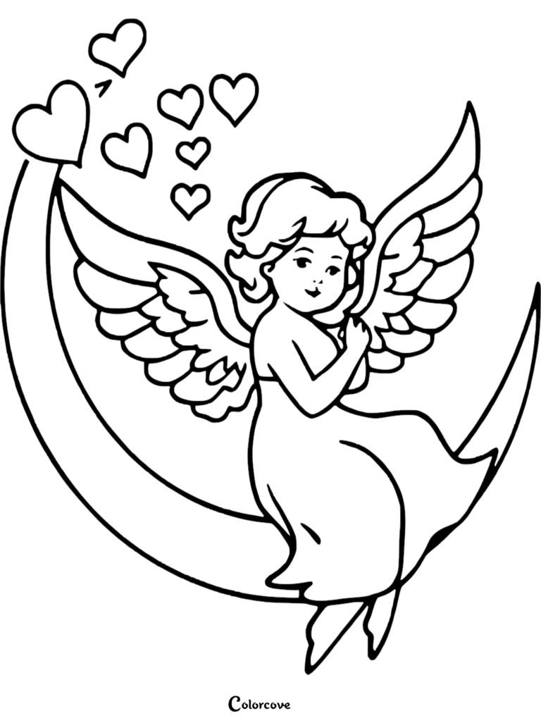 Cupid sitting on a crescent moon surrounded by floating hearts in this printable coloring page.