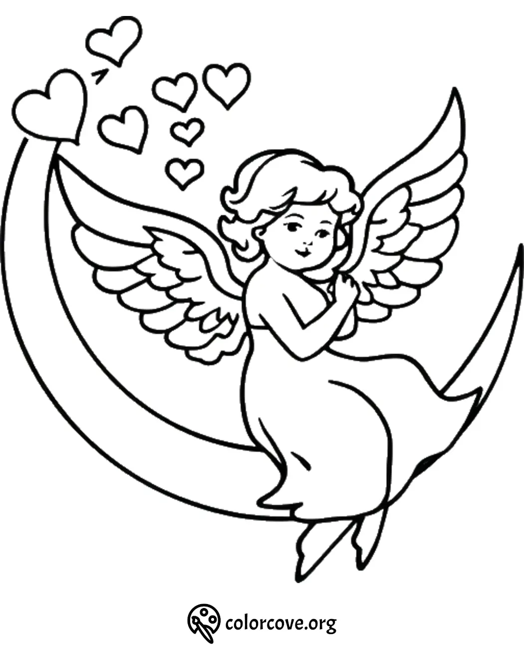 Angel on a crescent moon with hearts coloring page for kids.