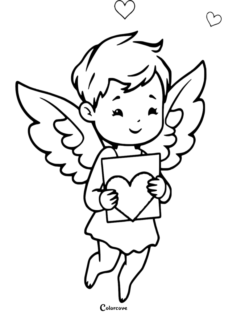 Cupid holding a heart card in this free printable coloring page