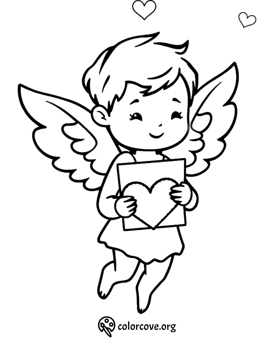 Cute angel holding heart card coloring page for kids.