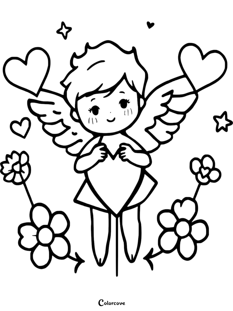 A cute Cupid coloring page featuring a winged cherub holding a heart surrounded by flowers and stars.
