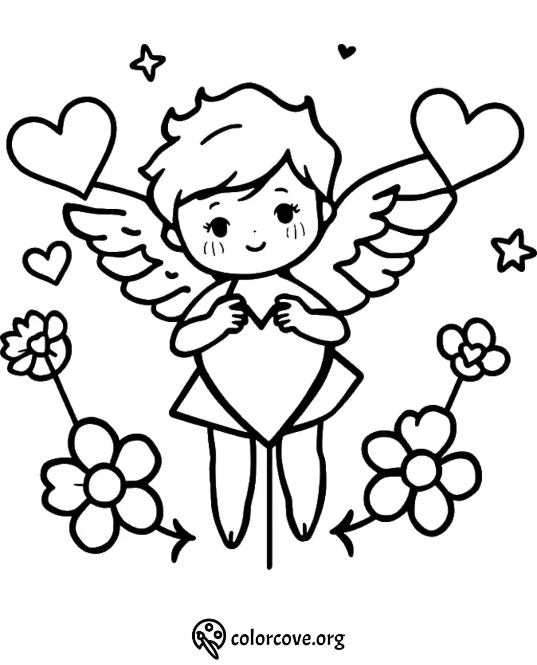 Cute angel with hearts and flowers coloring page.