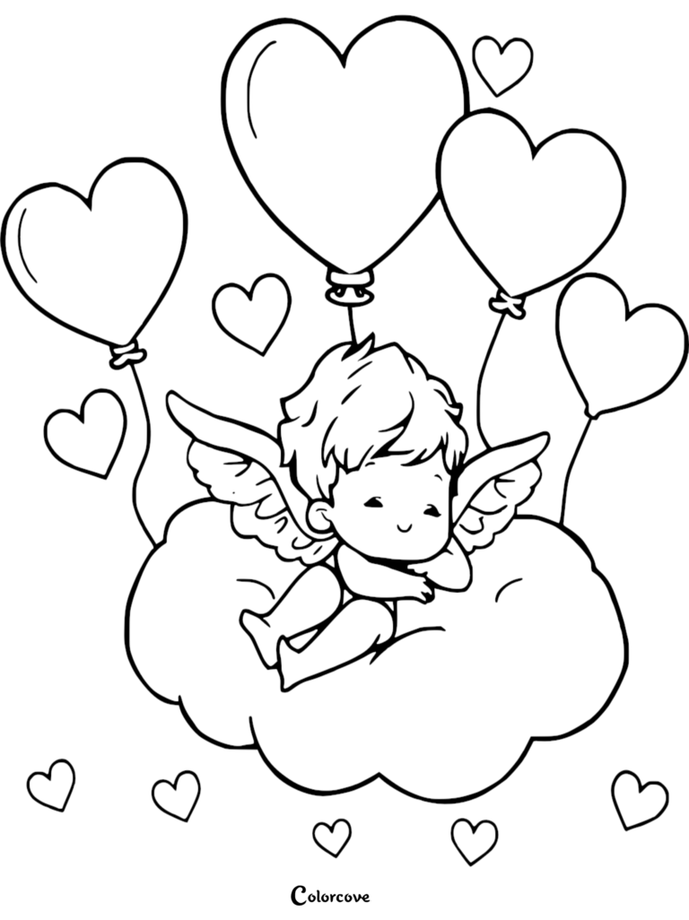 Cupid resting on a cloud surrounded by heart-shaped balloons in this free printable coloring page.
