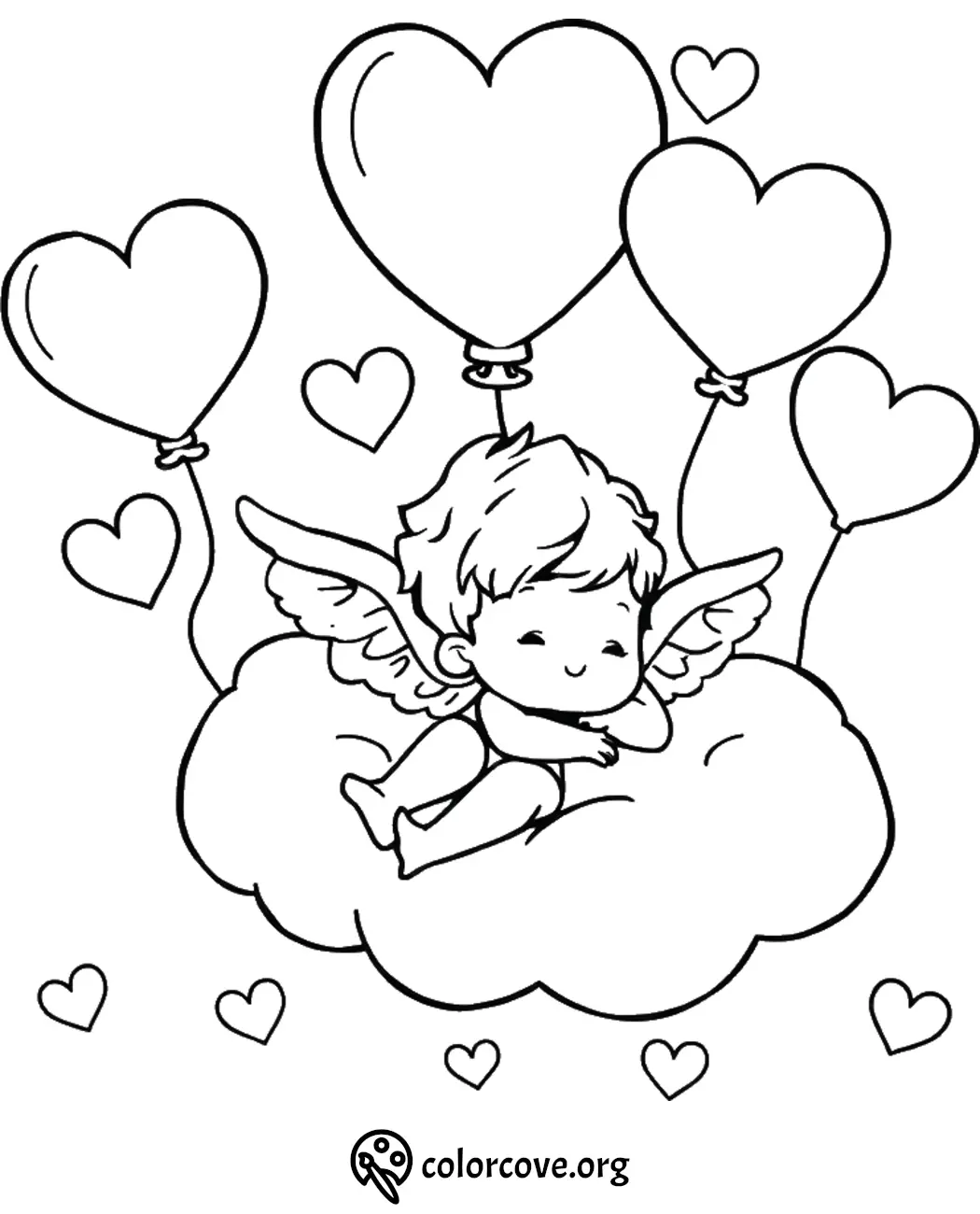 Cute angel with heart balloons coloring page for kids. Perfect for Valentine's Day or a fun artistic activity.