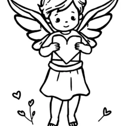 Angel with heart coloring page for kids, featuring wings and cute design. Perfect for creative coloring activities.