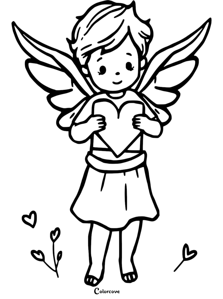 Cupid holding a large heart in this free printable Cupid coloring page with small heart accents.