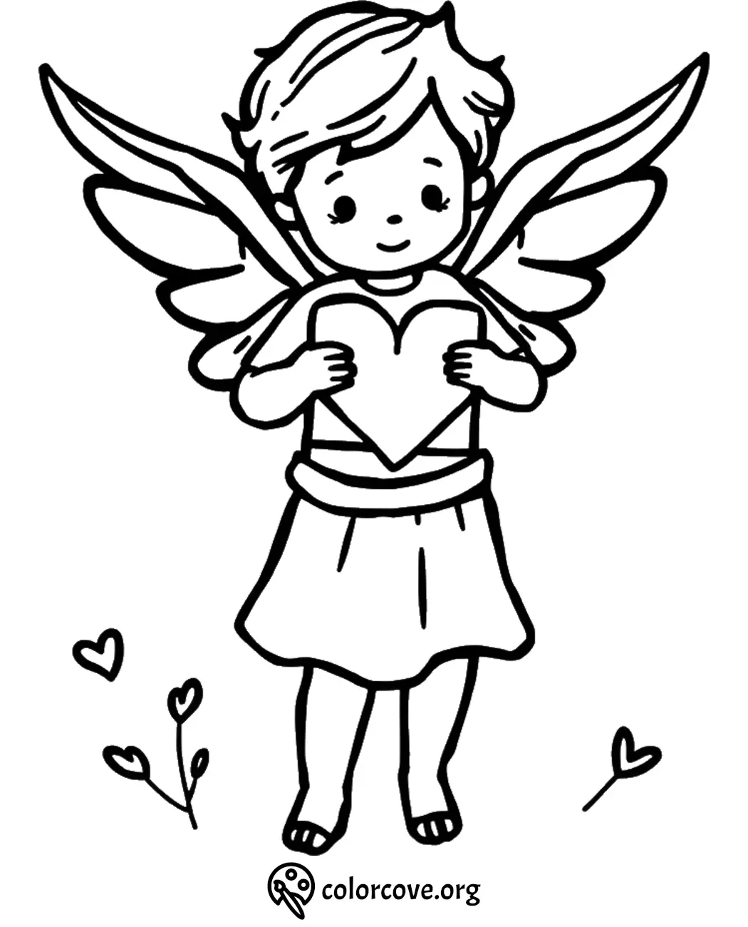 Angel with heart coloring page for kids, featuring wings and cute design. Perfect for creative coloring activities.