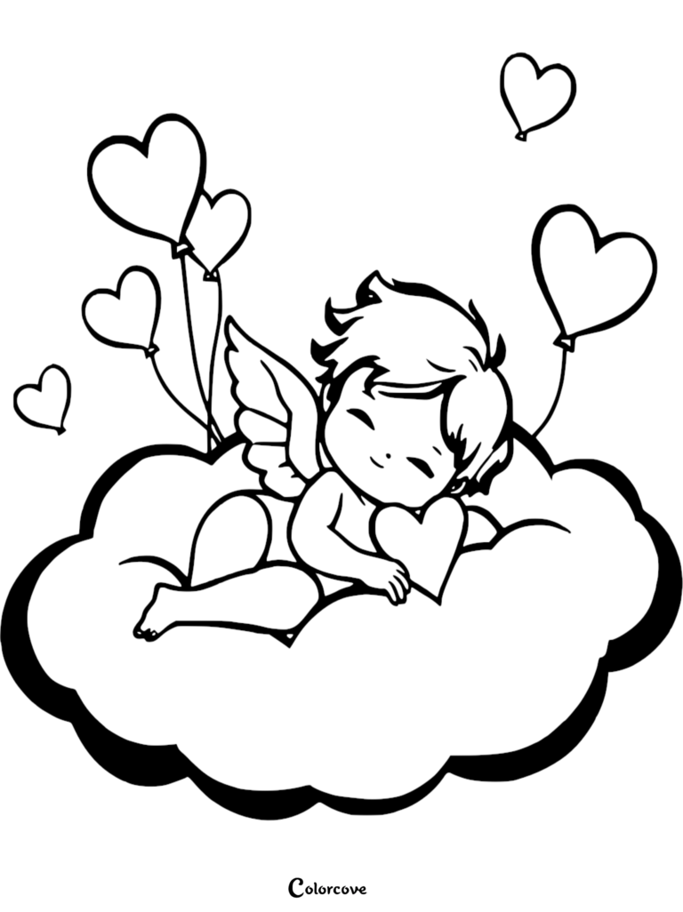 Cupid sleeping on a fluffy cloud surrounded by heart-shaped balloons in this printable coloring page.