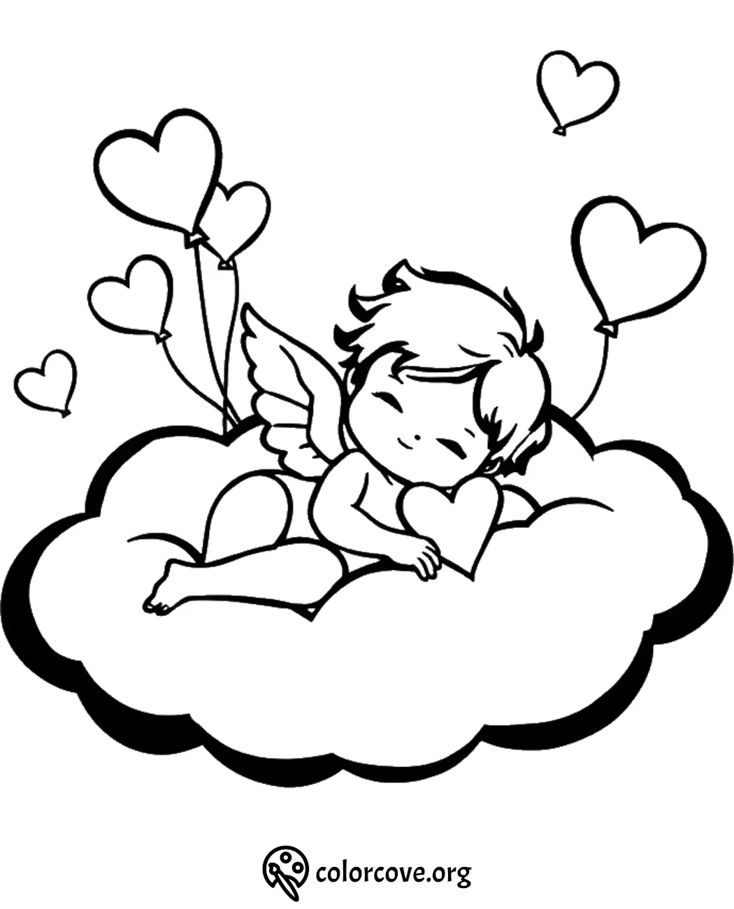 Cute cherub on cloud with heart balloons coloring page.