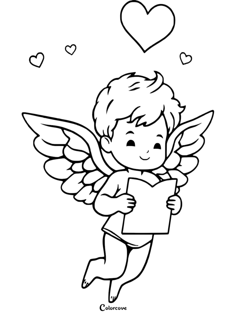 Cupid holding a love letter with wings spread, surrounded by floating hearts in this printable coloring page.