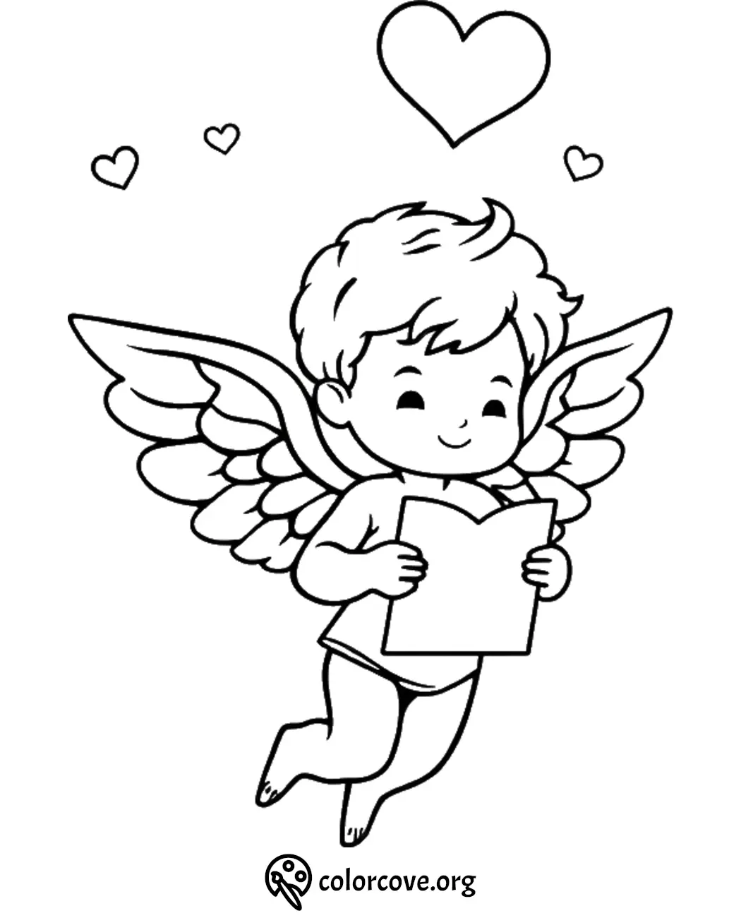 Cute cherub angel with wings holding a book, surrounded by hearts. Perfect for kids' coloring page.