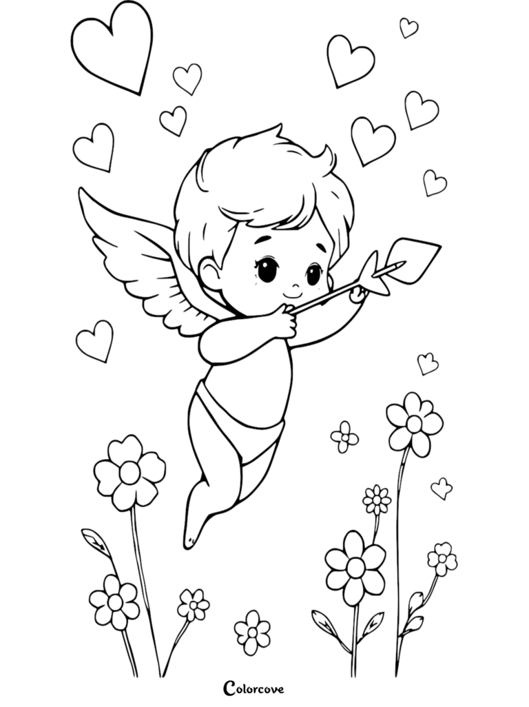 Cupid coloring page featuring a winged cherub aiming a heart-tipped arrow surrounded by floating hearts and flowers.