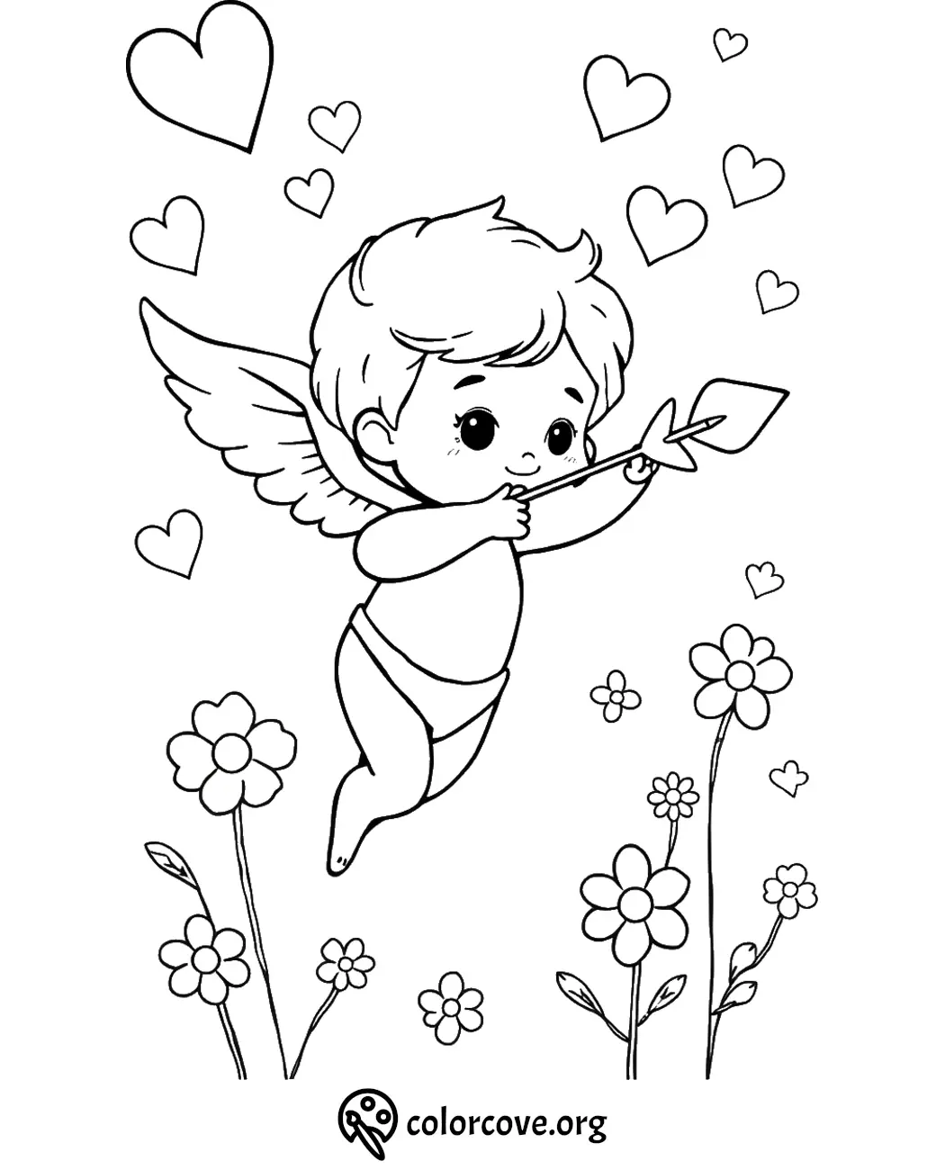 Cute Cupid coloring page with flowers and hearts, perfect for kids' art activities and Valentine's Day fun.