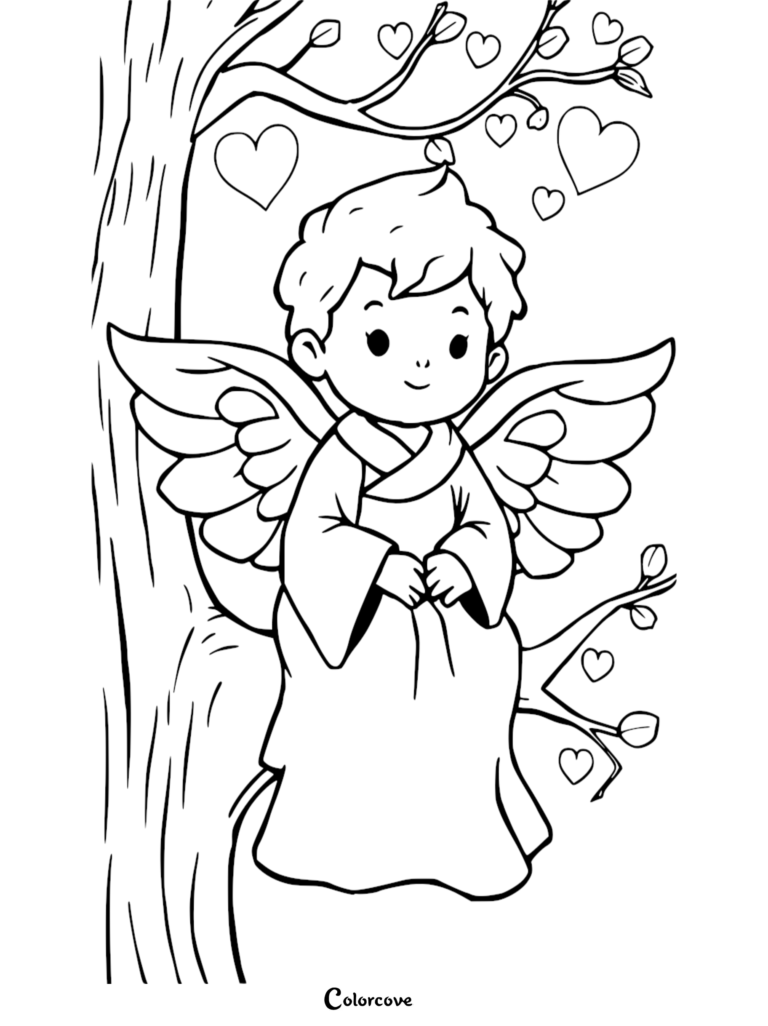Cupid sitting in a tree with heart-shaped leaves on a printable coloring page.